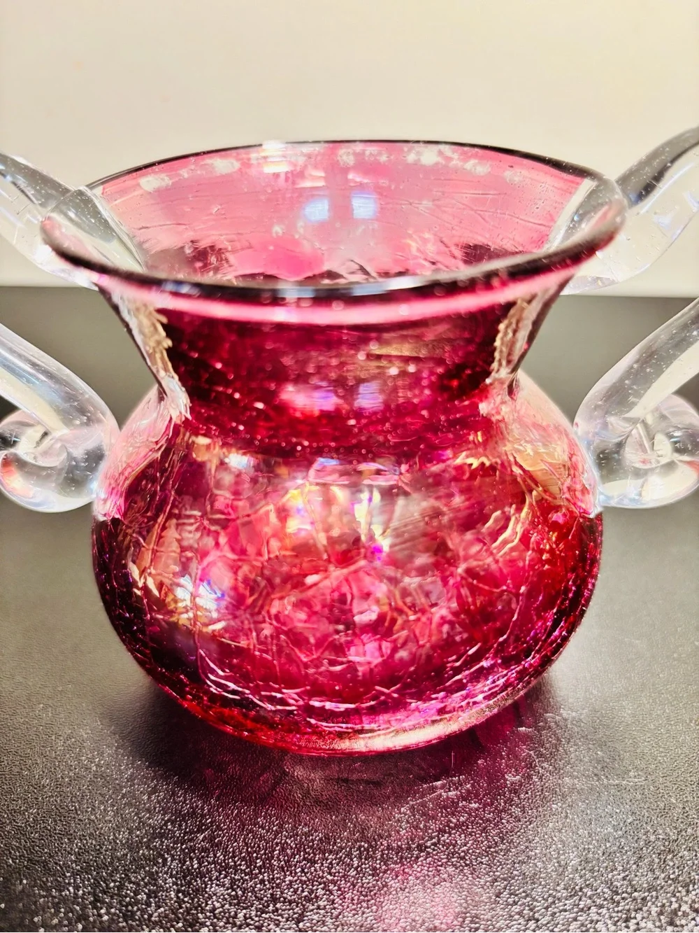 Handblown Cranberry Glass Creamer and Sugar Set with Clear Handles
